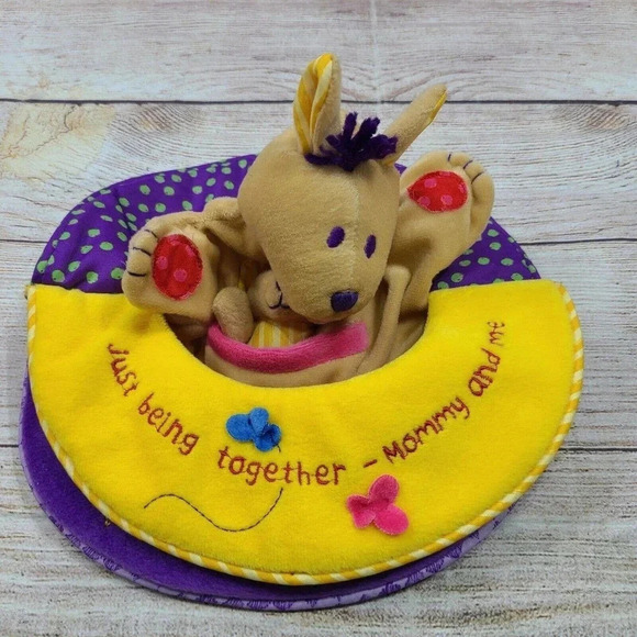 Mommy & Me Plush Kangaroo Puppet Rattle Mirror Tan Green Purple Baby Toy 9.5" - Picture 2 of 6